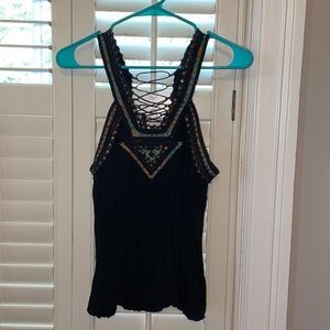 Free People Embellished Black Lace-Up Halter Top